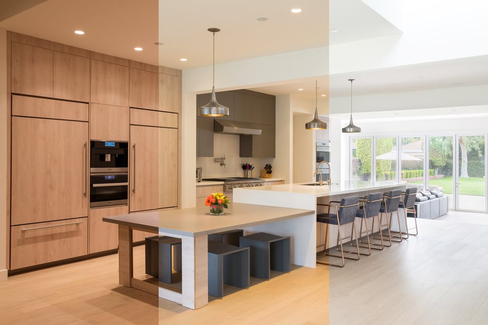 A large, airy kitchen is shown under three different lighting color temperatures ranging from amber warmer white to cool white matching the daylight outside