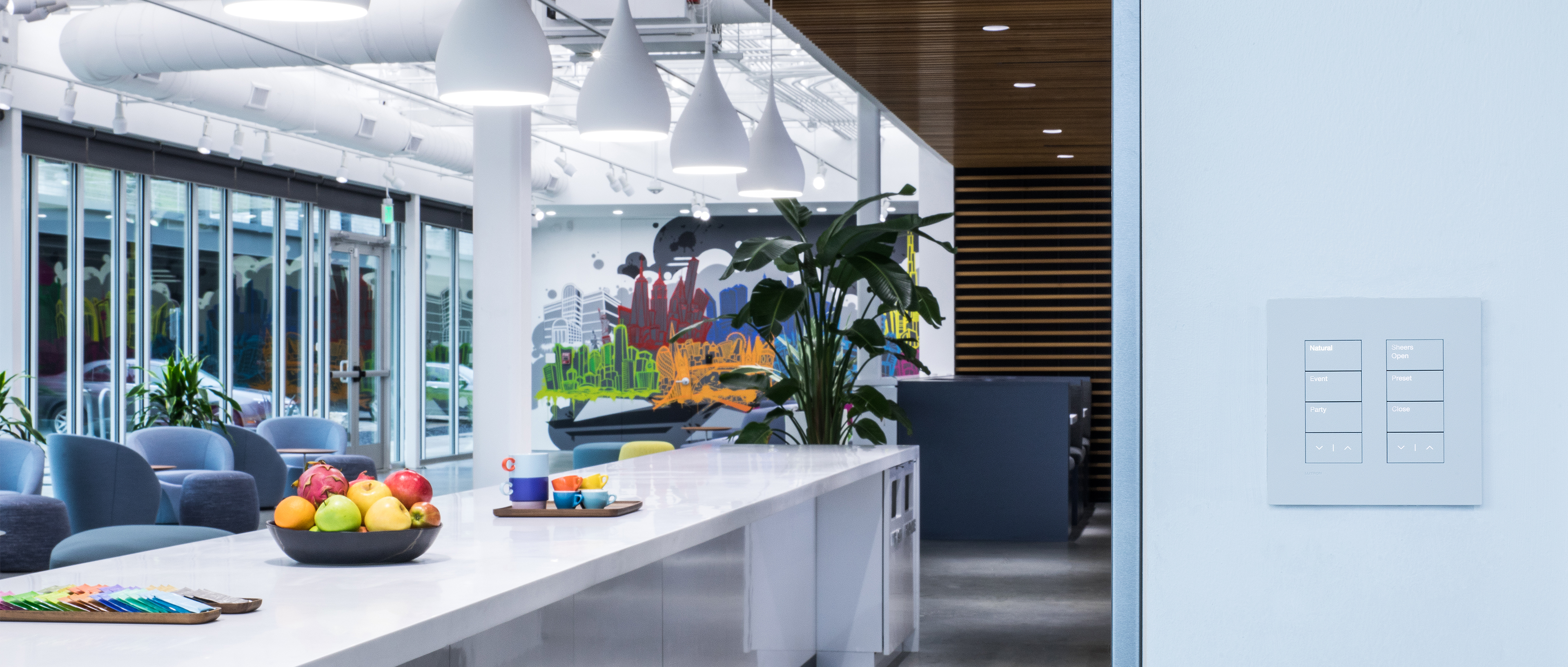 Ketra lighting shining down on a low countertop with fruit