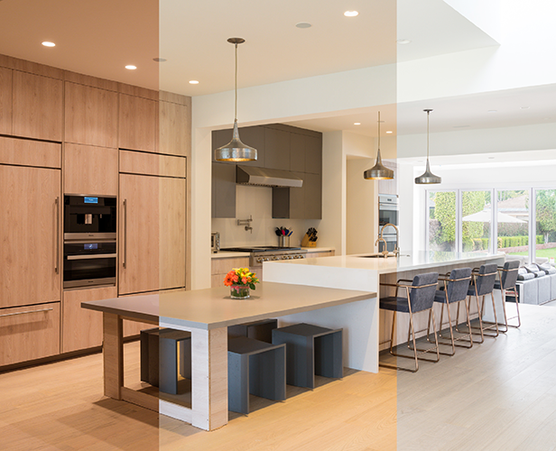 A photo of a kitchen split into three sections showing natural light at 3 times of day