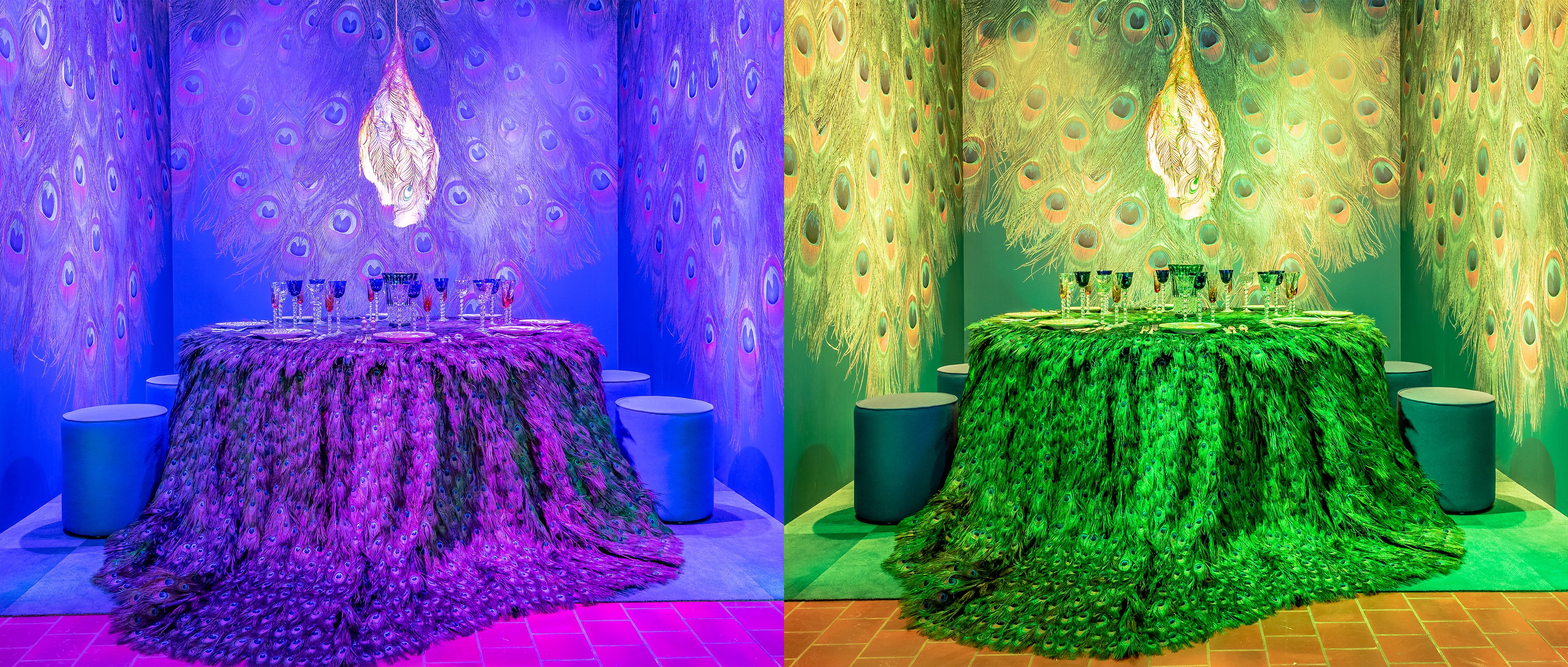 Ketra's colorful light over Rockwell Group's unique tablescape for Dining by Design